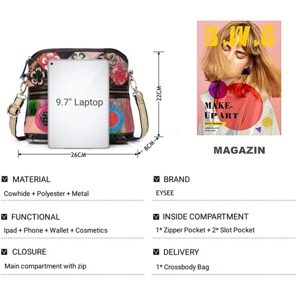 Leather Crossbody Bag Women Multicolor Rainbow Flower Small Purse Adjustable - Picture 6 of 8